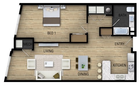Floor plan for 1 bed, 1 bath, 892 sqft